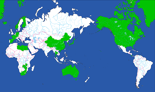 拝受したお便りの発信国・地域の地図